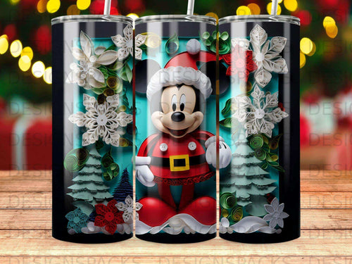 Mickey Mouse in a Santa suit surrounded by snowflakes and Christmas trees.