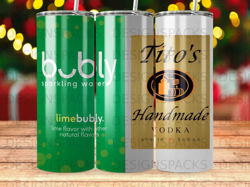 Three tumblers: Bubly sparkling water, lime flavored Bubly, and Tito's Handmade Vodka.