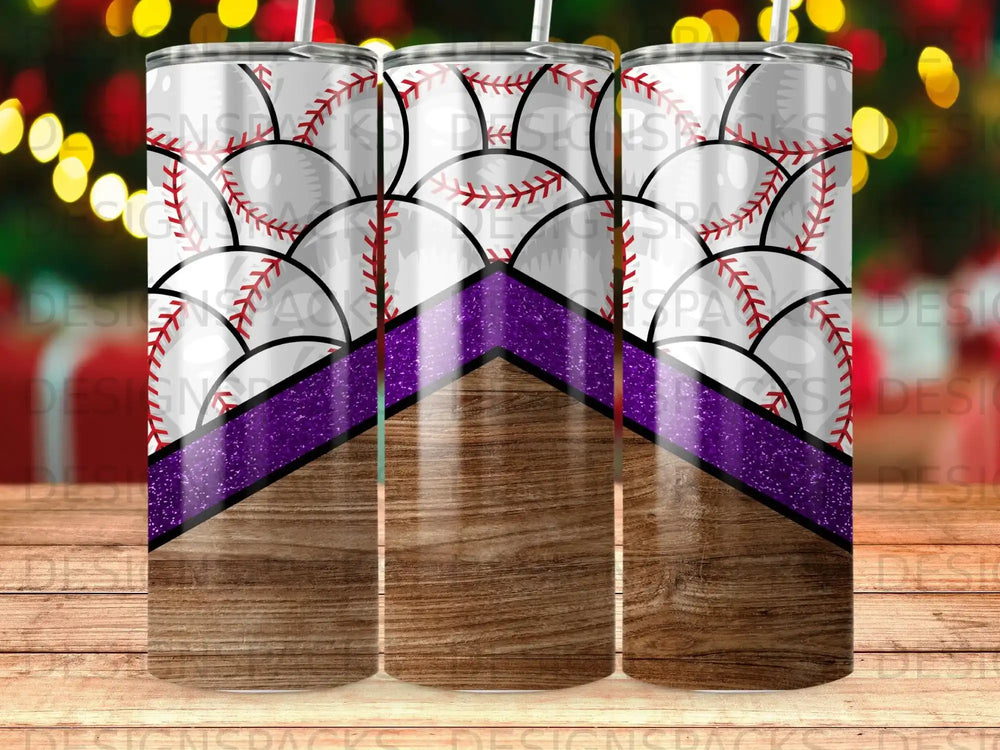 Baseball pattern tumbler with wood grain and purple glitter accent.