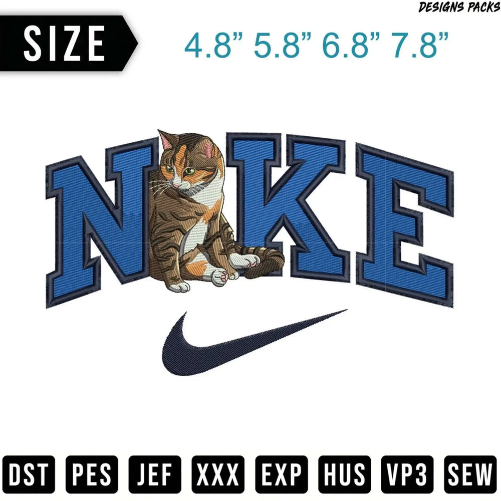 Embroidered Nike logo with a tabby cat sitting on the letter 'N'.