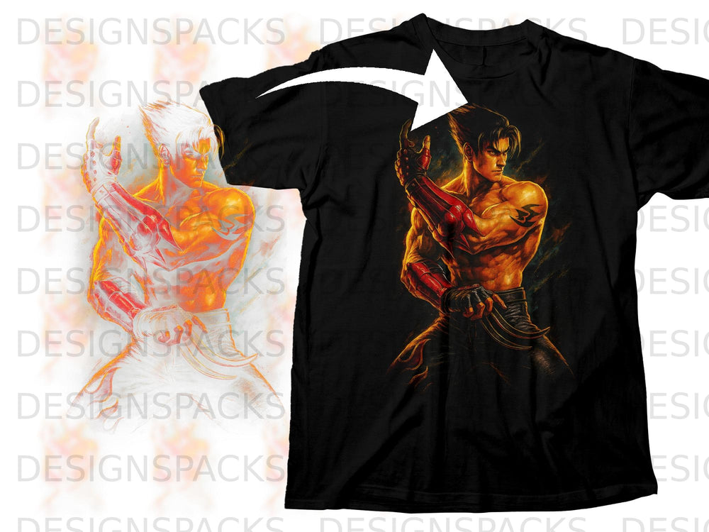Black t-shirt with a stylized depiction of Jin Kazama in a fighting pose.