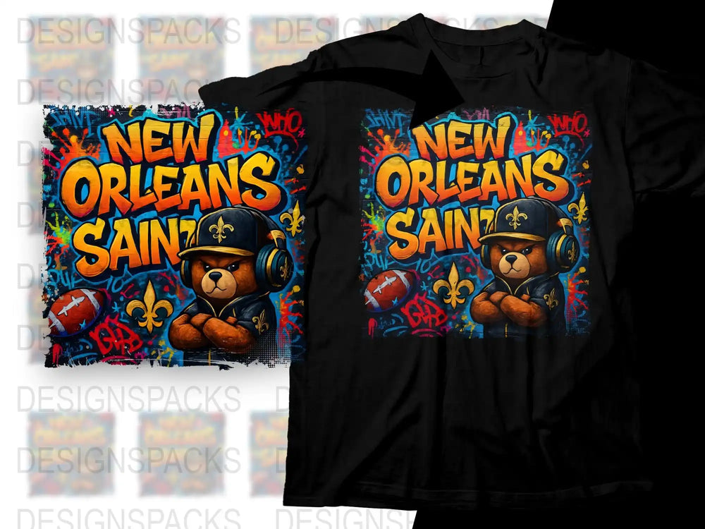 New Orleans Saints Themed T-Shirt with Cartoon Bear Design, Colorful Casual Wear