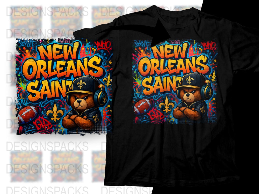 New Orleans Saints Themed T-Shirt with Cartoon Bear Design, Colorful Casual Wear