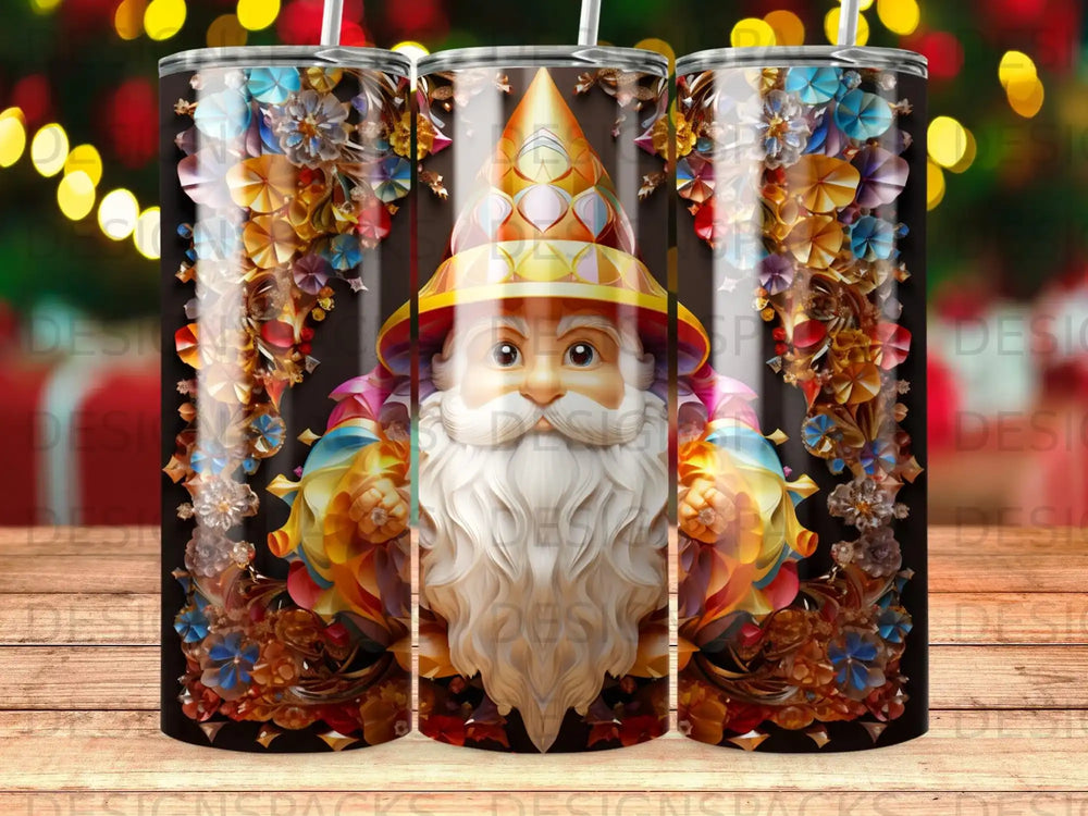 Santa Claus with colorful floral decorations on a dark background.