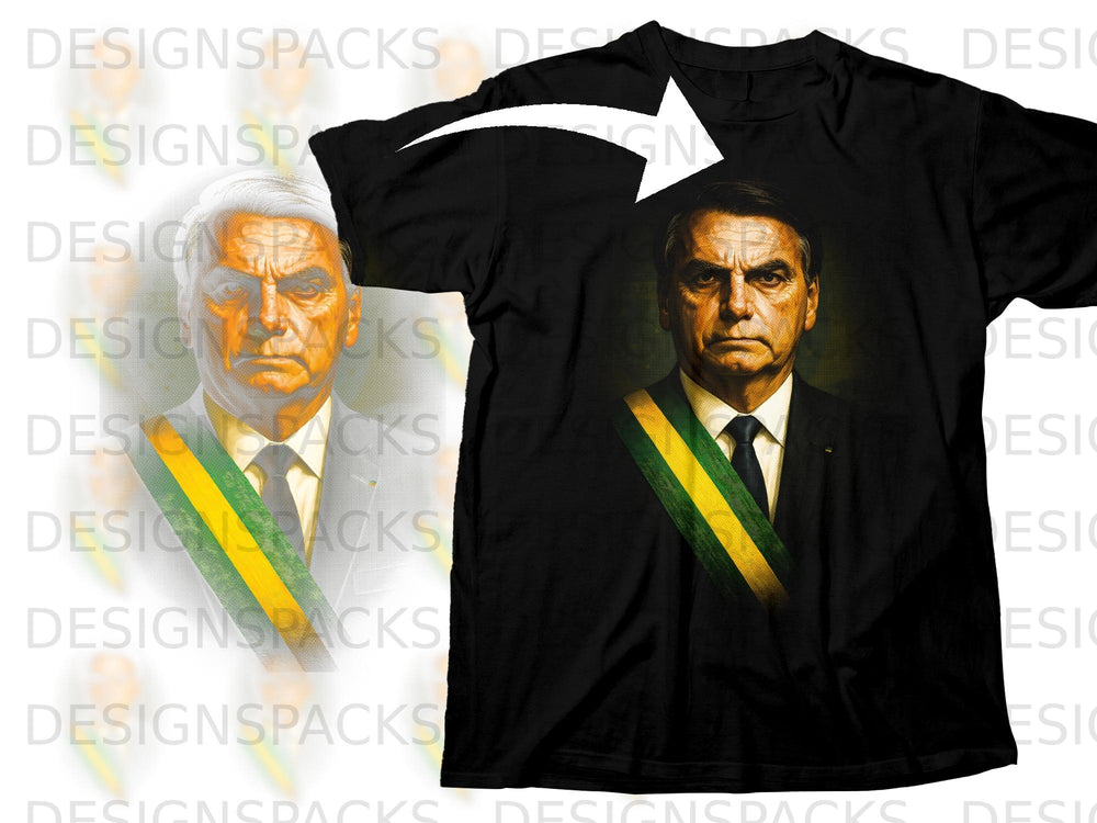 Black t-shirt featuring a portrait of a man in a suit with a Brazilian sash.