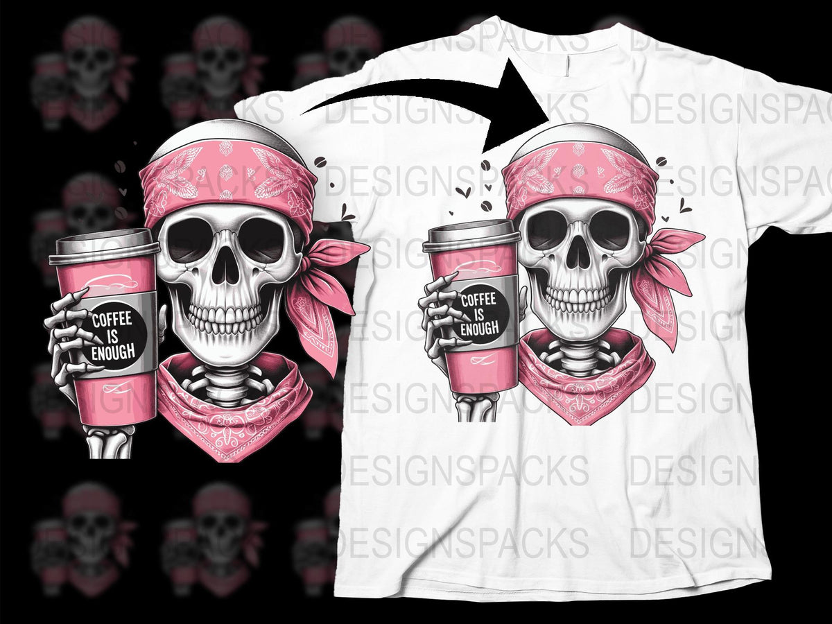 Skull Graphic T-Shirt with Pink Bandana and Coffee Cup, Unique Goth Tee, Unisex Casual Streetwear Style