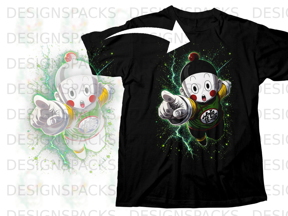 Chaozu pointing forward on a black t-shirt with green energy and lightning effects.