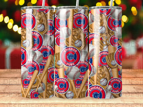 Chicago Cubs tumbler with baseballs and gloves, wooden background.