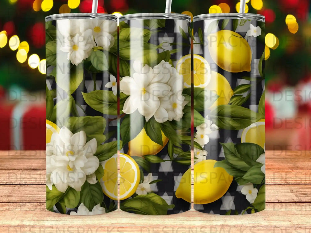 Yellow lemons and white flowers on a black and white geometric background.