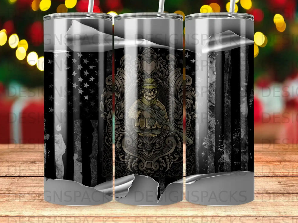 Torn American flag and skull design on a tumbler.