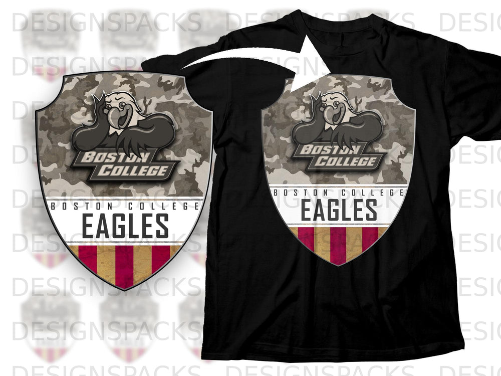 Black t-shirt with Boston College Eagles shield design and camouflage pattern.