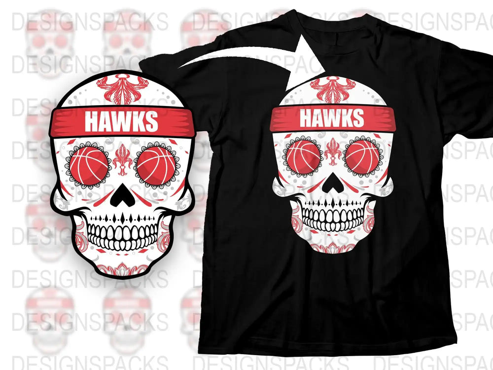 Hawks Skull Graphic T-Shirt, Red and White Sports Fan Tee, Unique Bold Skull Design Top, Casual Streetwear Clothing