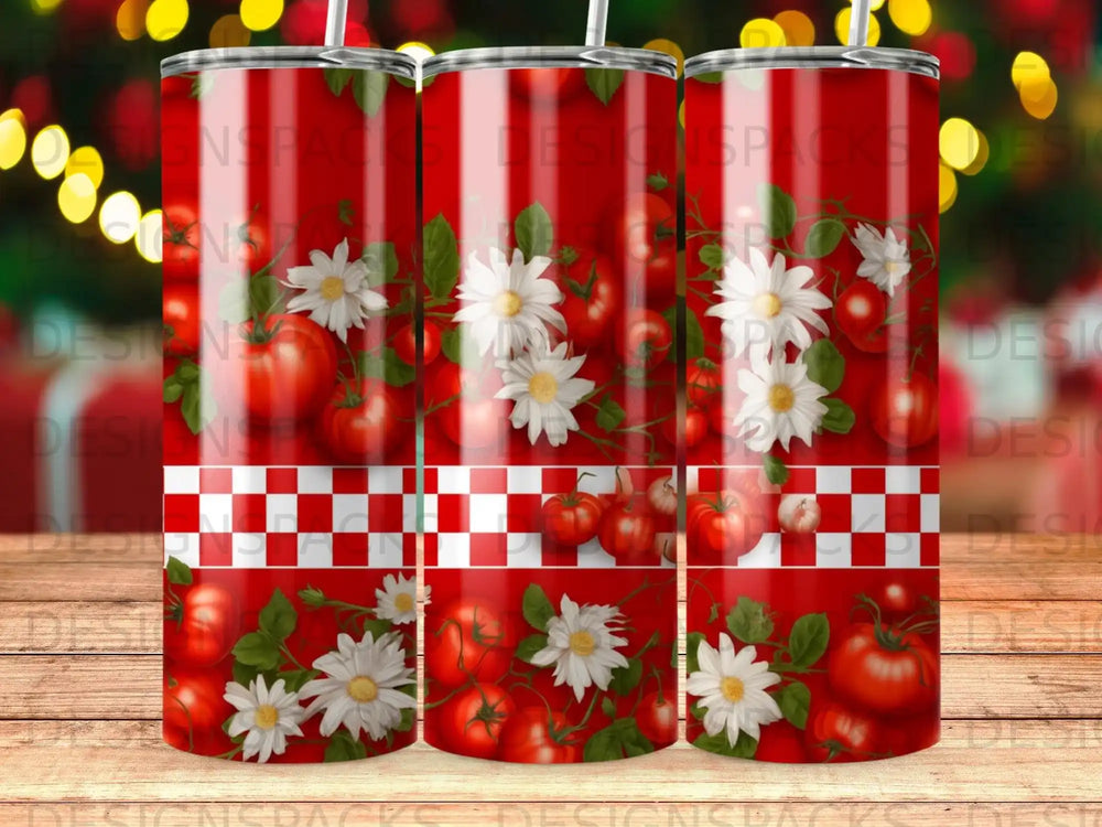 Red tumbler with tomatoes and white daisies, checkered pattern.