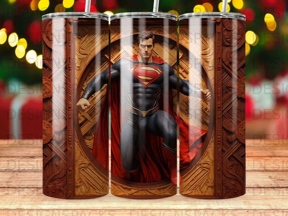 Superman in costume in a carved wood frame with blurred bokeh lights.