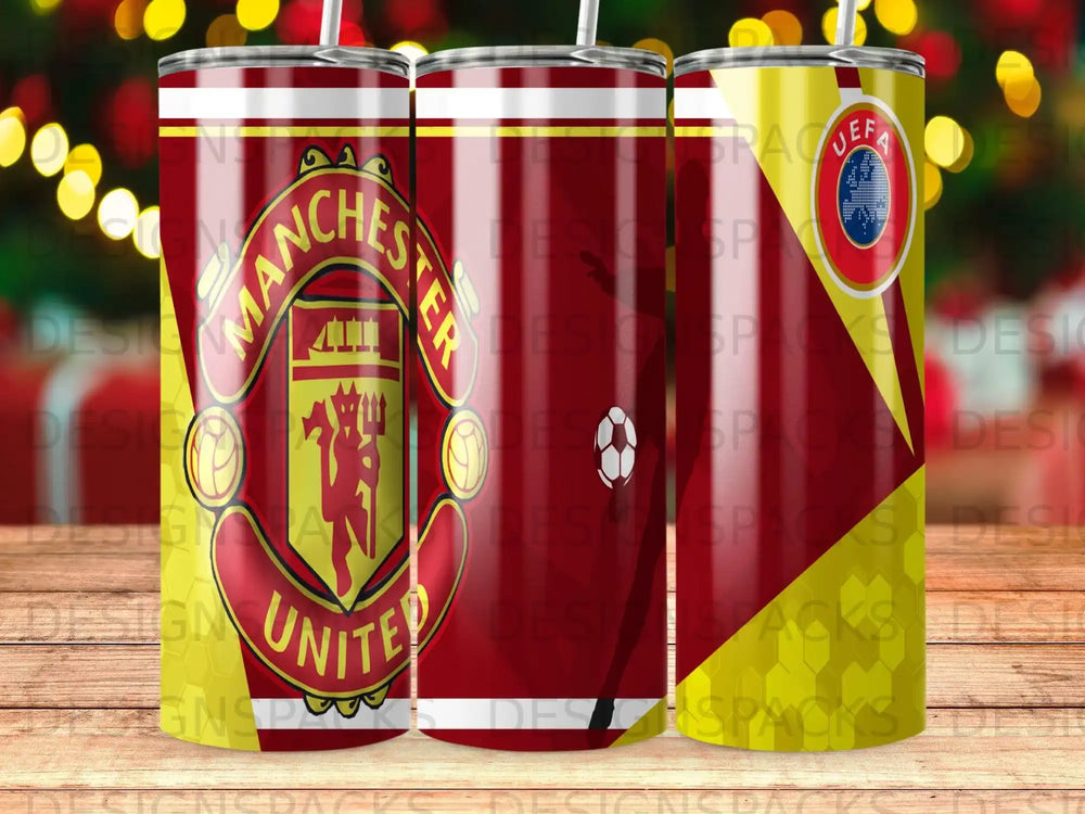 Manchester United tumbler with team crest and UEFA Champions League logo.