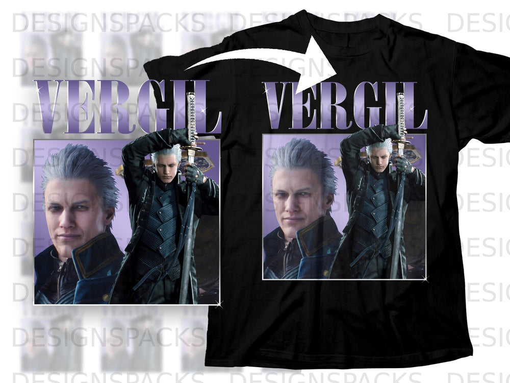 Black t-shirt with Vergil graphic and sword from Devil May Cry 5.