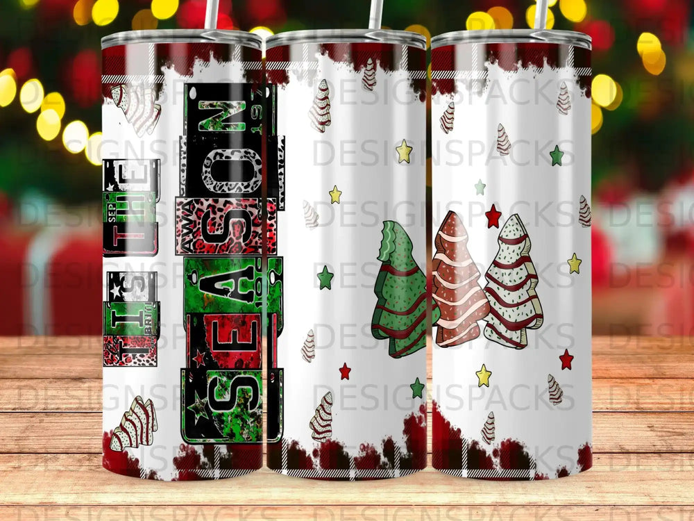 "Tis the Season" tumbler with Christmas trees and plaid pattern.