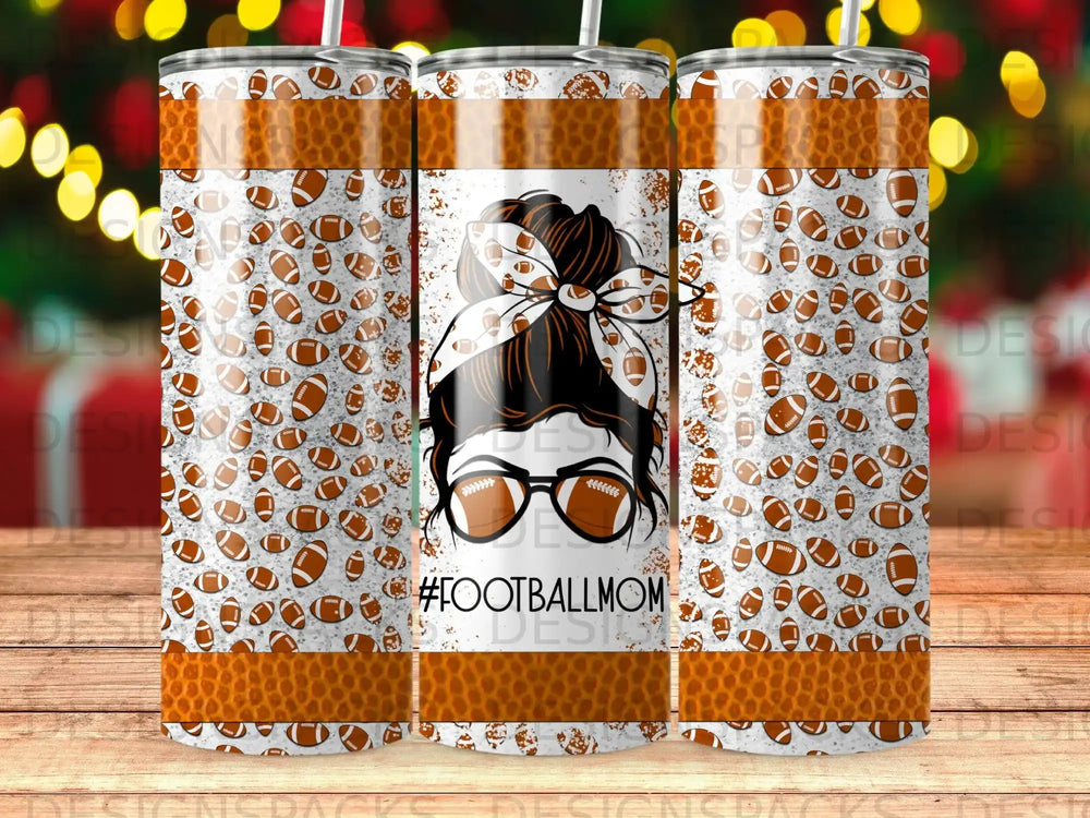 Tumbler with football pattern and "#FOOTBALLMOM" text.