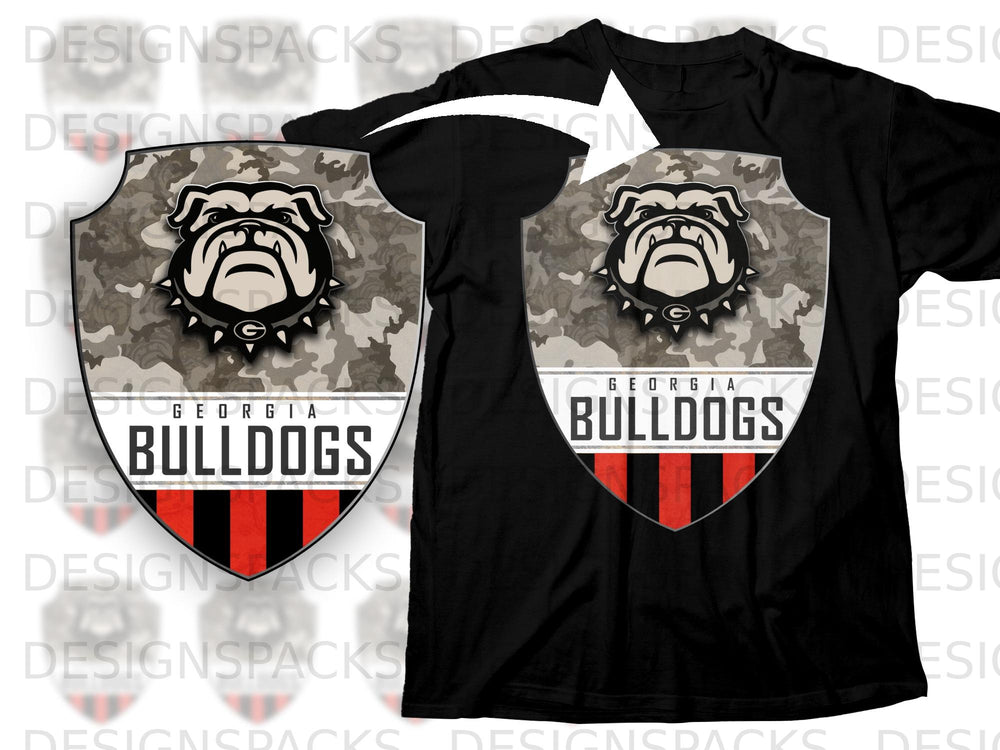 Black t-shirt with Georgia Bulldogs logo on camouflage shield.