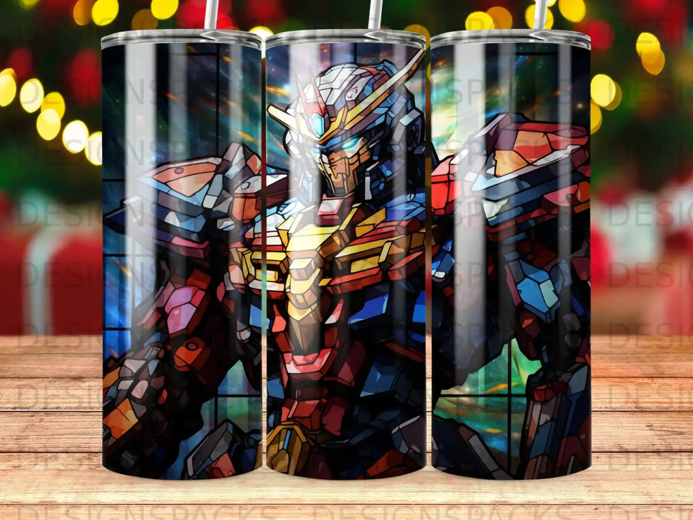Gundam robot warrior illustration on a black tumbler with holiday lights.
