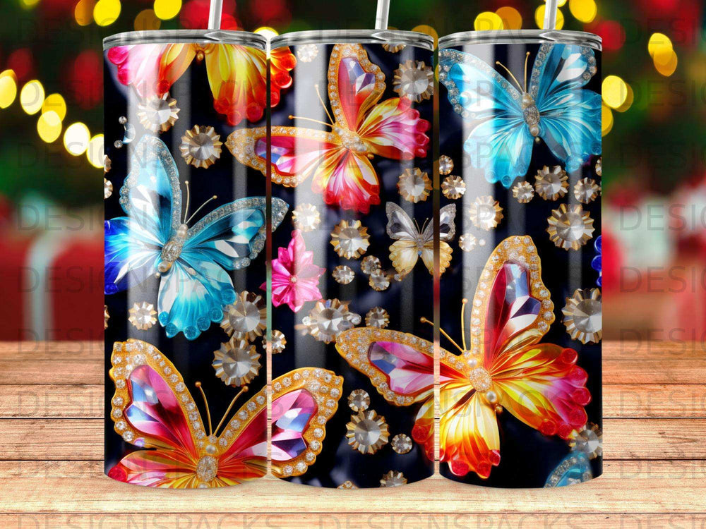 Colorful butterflies with jewel accents on a black striped background.