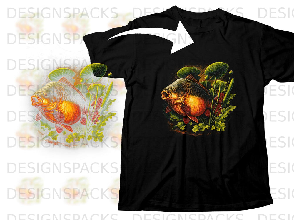 Black t-shirt with a detailed graphic of a carp fish surrounded by lily pads and reeds.