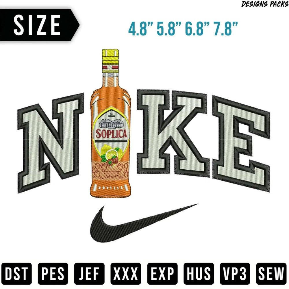 Nike logo embroidery design featuring a Soplica vodka bottle and size options.