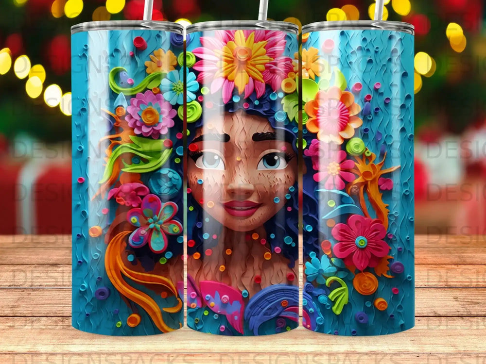 Cartoon woman with vibrant floral adornments and a blue textured background.