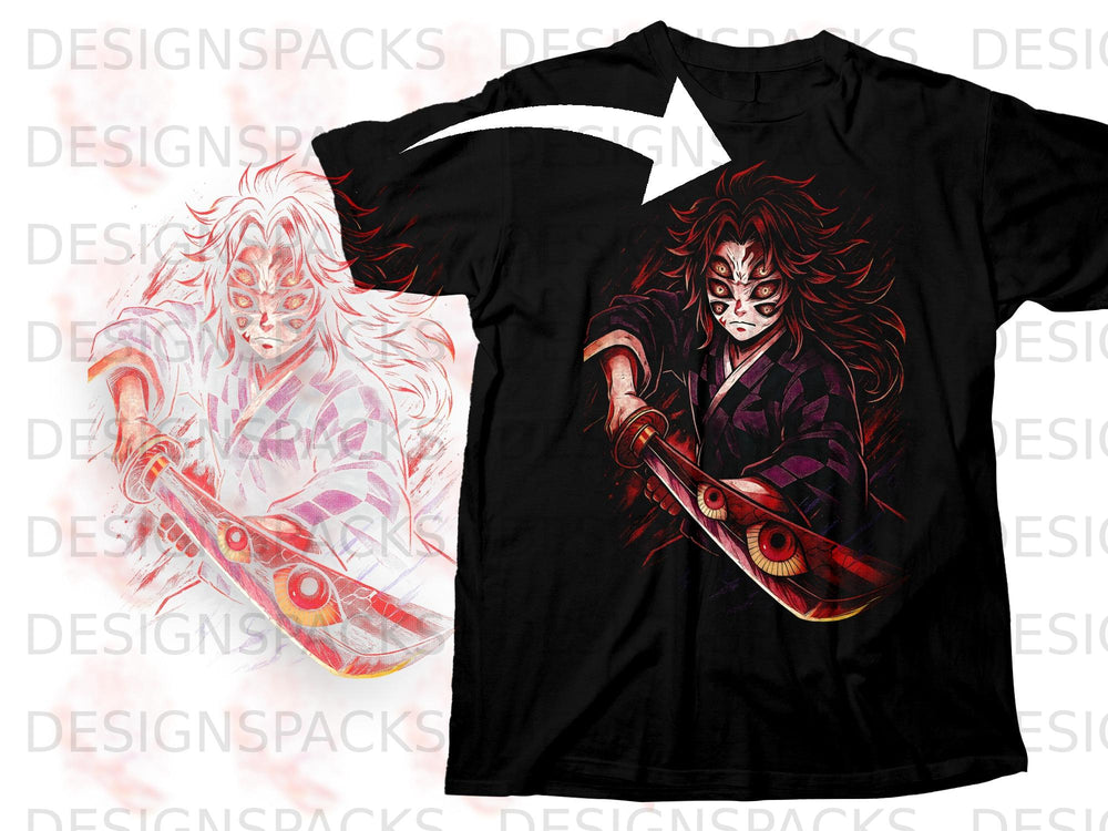 Black t-shirt featuring a demon with multiple eyes holding a red sword.