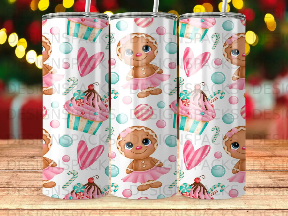 Gingerbread girl in pink tutu, cupcake, candy canes, and hearts pattern.