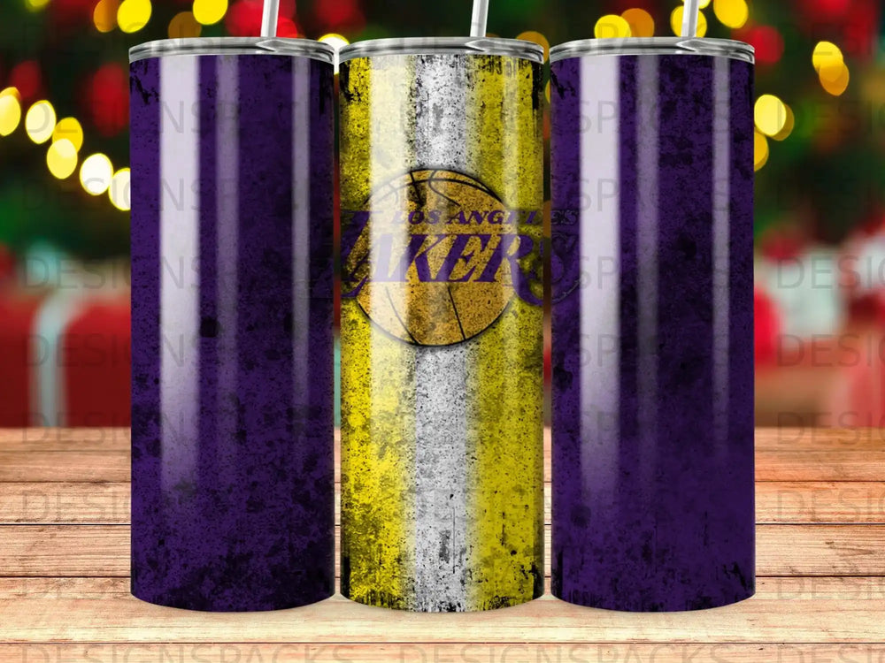 Los Angeles Lakers tumbler with purple and yellow distressed design.