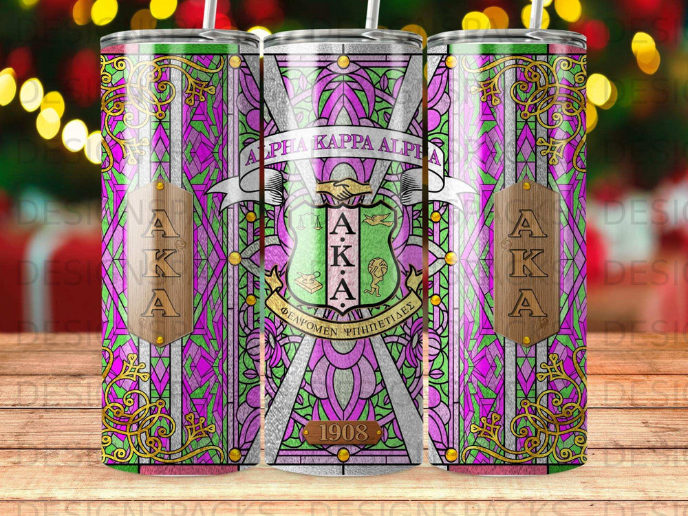 Alpha Kappa Alpha shield with Greek letters and "1908" on stained glass pattern.