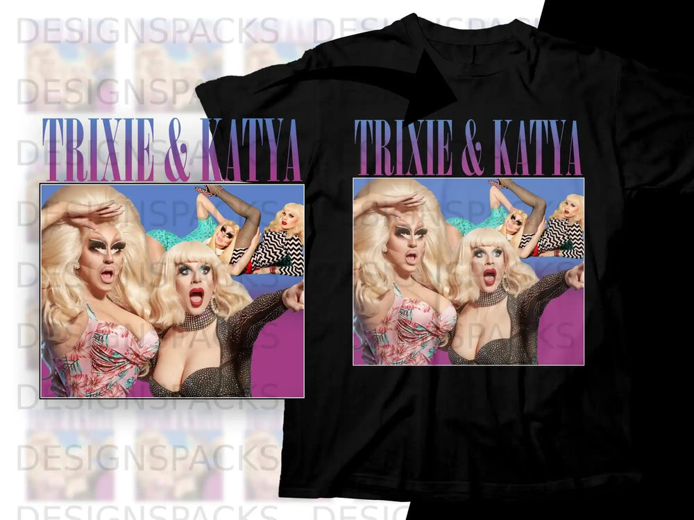 Trixie & Katya with a vibrant, glamorous backdrop.