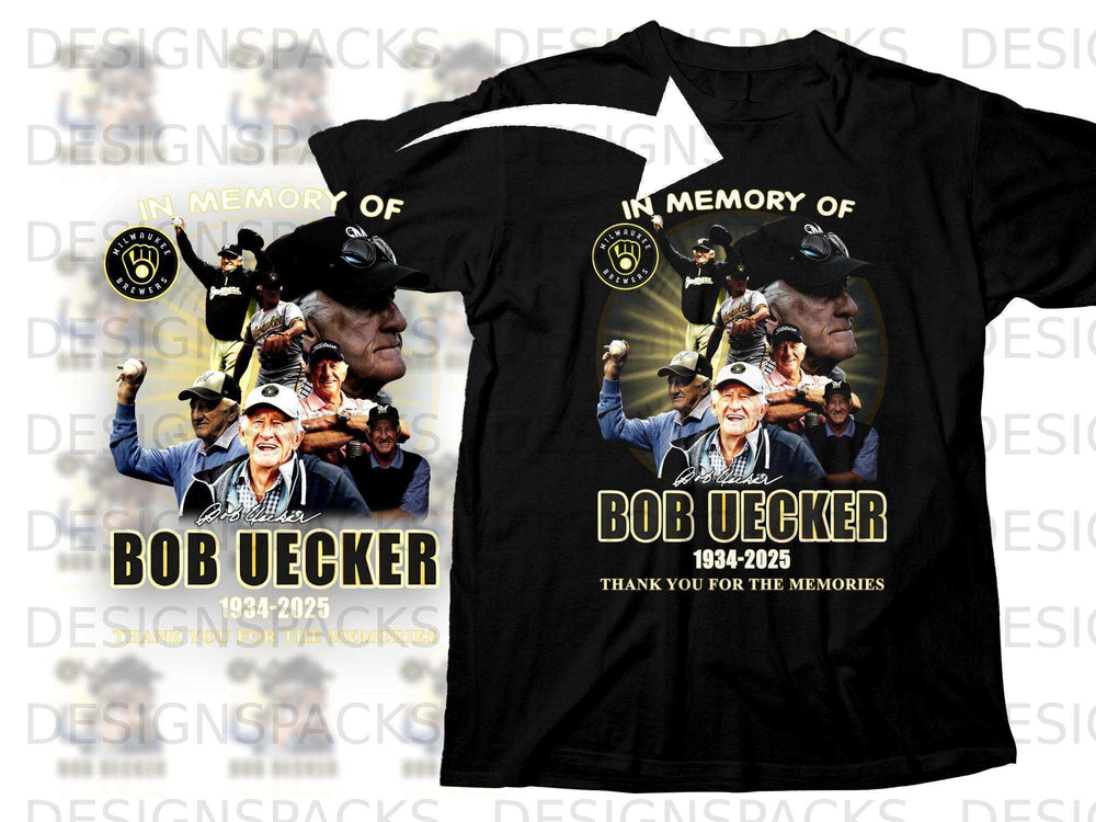 Bob Uecker memorial t-shirt with photos and text "In Memory Of Bob Uecker 1934-2025".