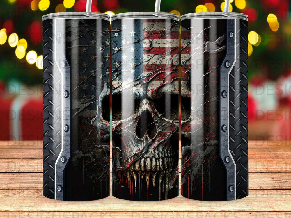 American flag skull on a dark, metallic tumbler with red drips.