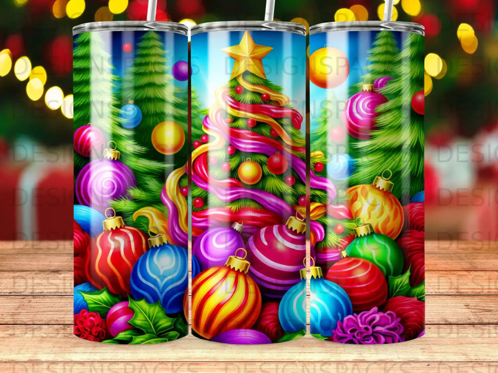 Christmas tree with colorful ornaments and festive lights.