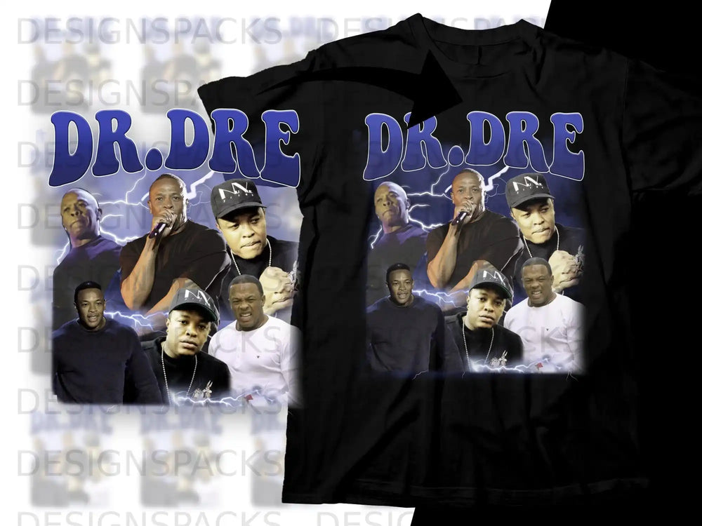 Dr. Dre collage graphic on a black t-shirt.