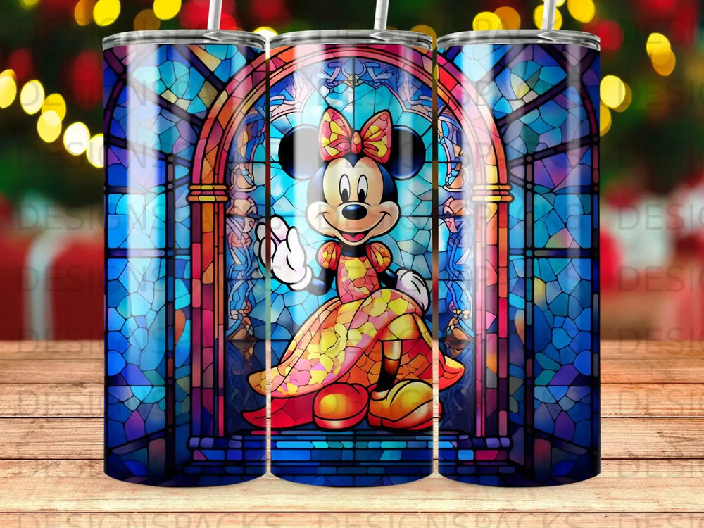 Minnie Mouse in a stained glass window, wearing a colorful dress.