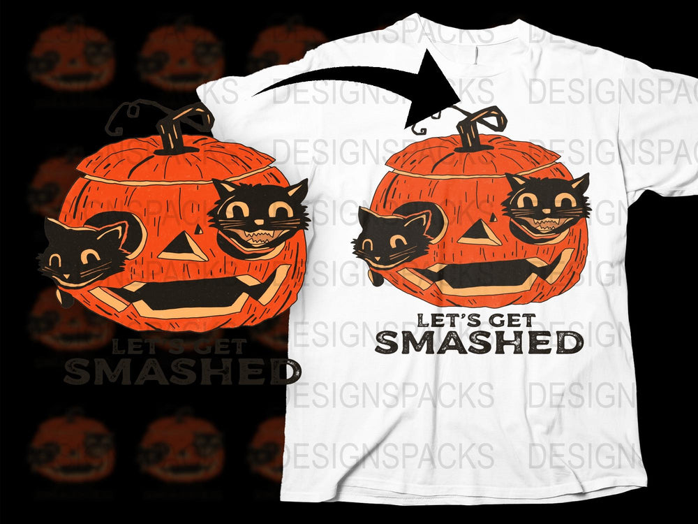 Halloween Pumpkin T-Shirt, Let's Get Smashed, Fun Cat Faces, Unisex Graphic Tee, Party Costume Idea, October Fashion, White Shirt