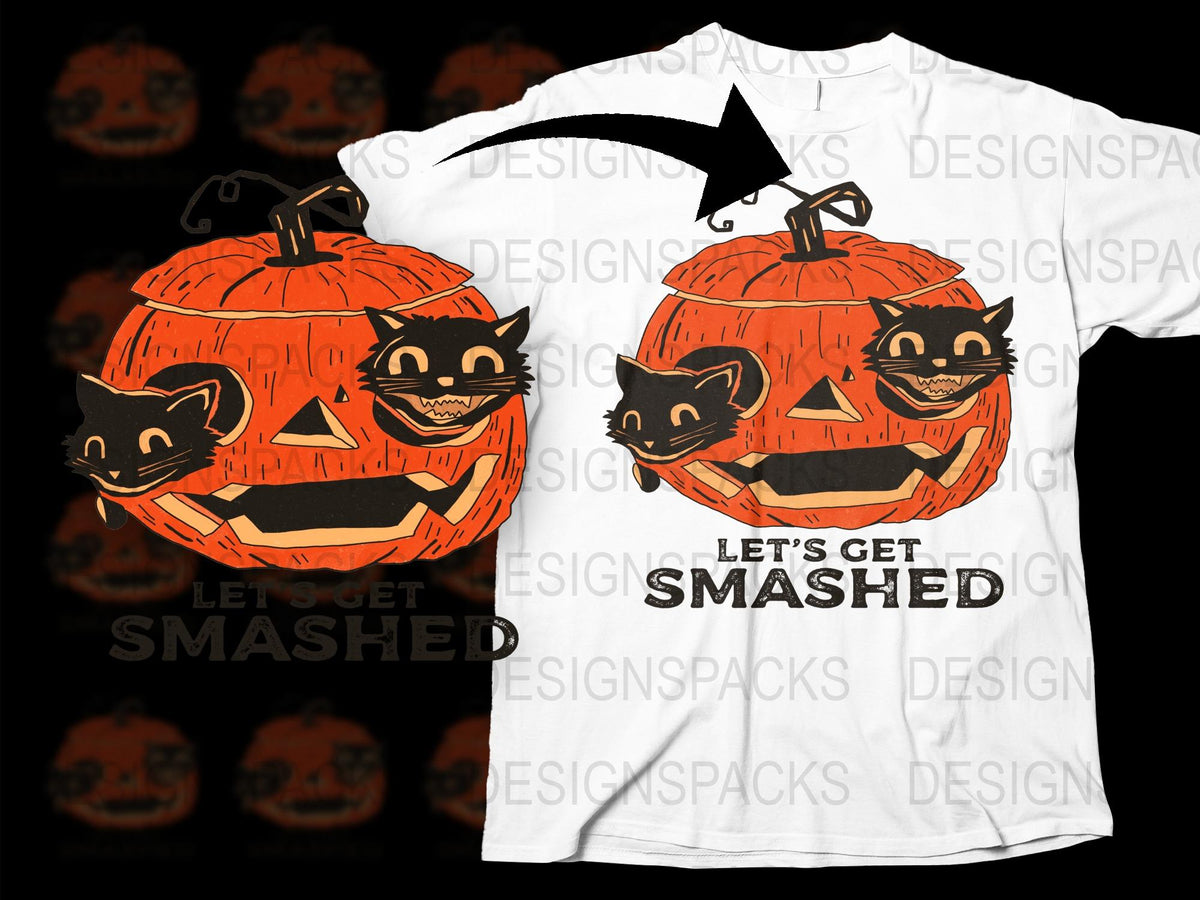 Halloween Pumpkin T-Shirt, Let's Get Smashed, Fun Cat Faces, Unisex Graphic Tee, Party Costume Idea, October Fashion, White Shirt