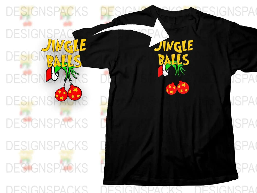 Funny Christmas T-Shirt, Jingle Balls Graphic Tee, Holiday Party Outfit, Festive Black Shirt with Colorful Design