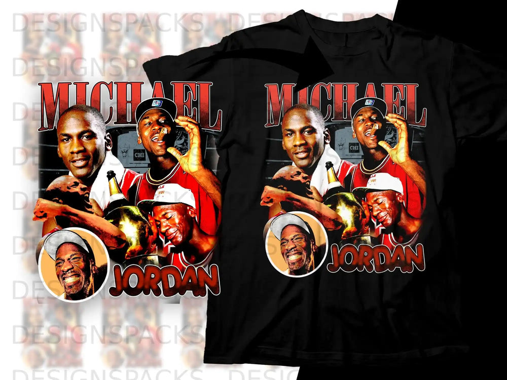 T-shirt with Michael Jordan holding trophy and champagne, 1991.
