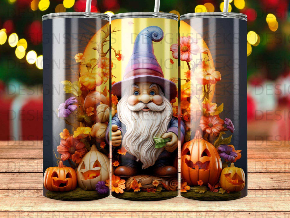 Gnome holding money surrounded by pumpkins and fall flowers on a tumbler.