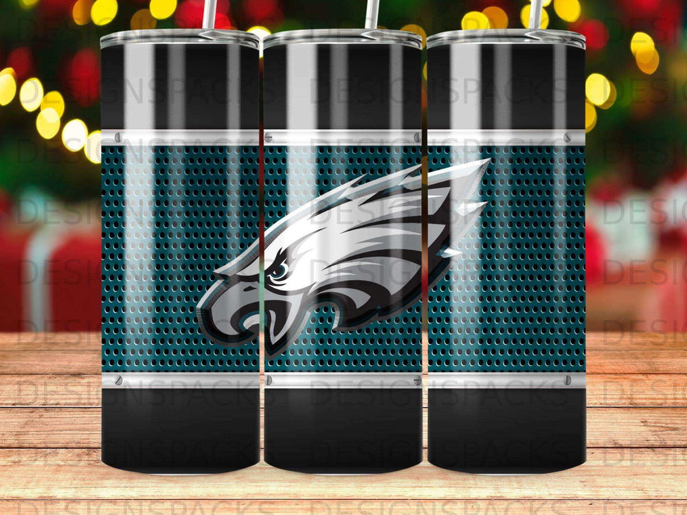 Philadelphia Eagles logo on a textured blue background tumbler.