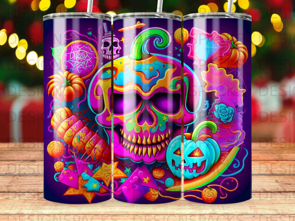 Colorful skull and pumpkin tumbler design with abstract shapes and Halloween motifs.