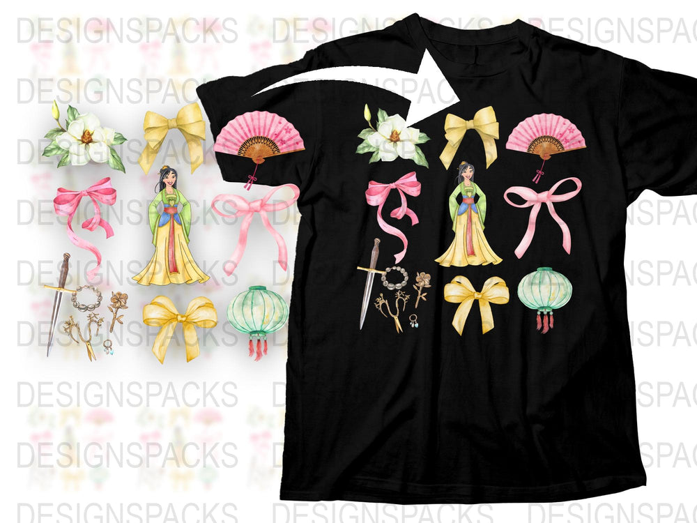 Mulan Inspired Graphic Tee, Asian Princess and Fans Wide Print, Girls Birthday T-Shirt, Cartoon Character Top, Cultural Feminine Apparel