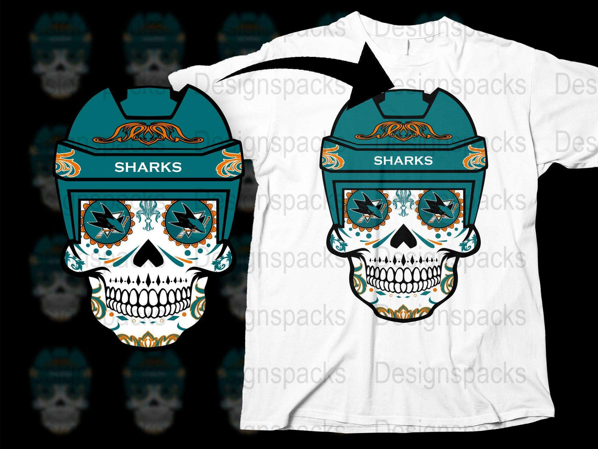 Unique Sharks Skull Graphic T-Shirt, Bold Turquoise and White, Trendy Unisex Urban Tee