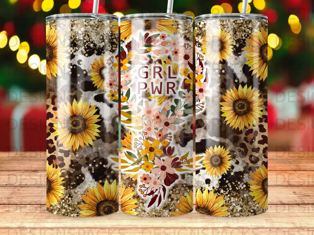 Sunflower and leopard print tumbler with "GRL PWR" text.