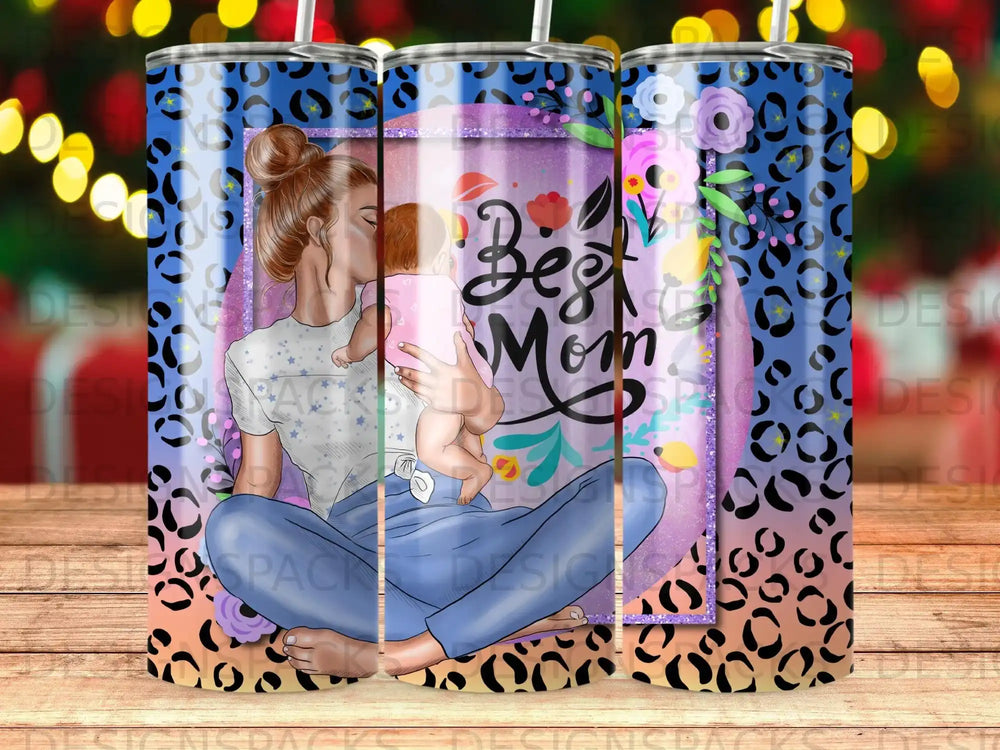 Mother holding baby with "Best Mom" text and floral leopard pattern.