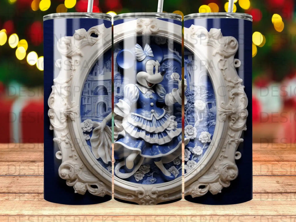 Minnie Mouse in ornate blue and white dress inside a detailed framed portrait.